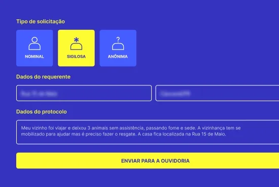 Formulário da ouvidoria com os tipos nominal, sigilosa e anônima